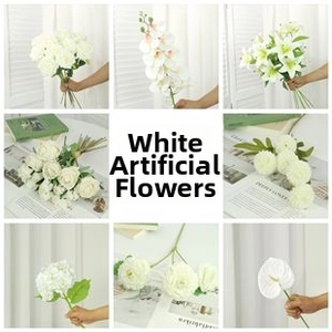 Detailed grid showing white artificial hydrangea, lilies and roses for wedding decor