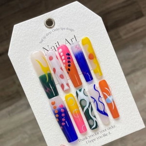 Handmade Press On Nails Midnight Peach Jam Colorful Graffiti Long Coffin Doodle Art Abstract Manicure DIY Beauty Tool