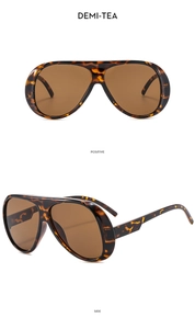 Front and side views of oversized aviator sunglasses featuring demi-tea tortoiseshell frames