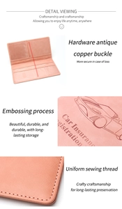 Detail of pink leather car document holder with transparent slots and embossed design