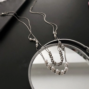 Double-layered titanium steel pearl necklace with silver beads and lobster clasp