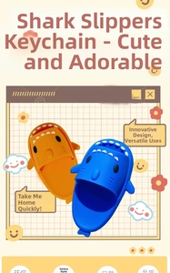 Close-up of cute 3D shark slipper keychains in vibrant orange and blue rubber material
