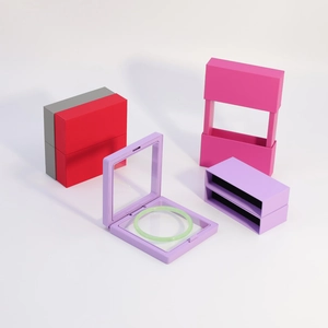 Macro detail of square and rectangular PE film floating display boxes in vibrant colors