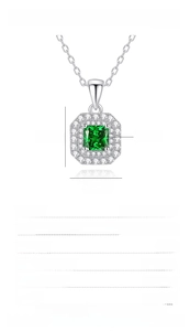 Detailed size specifications of S925 silver necklace with square blue gemstone pendant