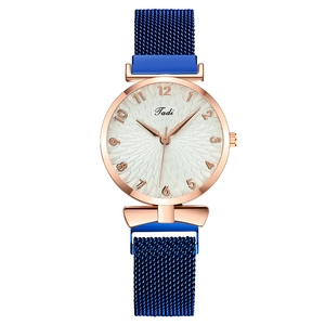 Women's rose gold quartz watch with sunflower dial and blue magnetic mesh strap