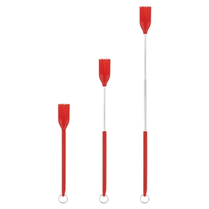 Three red telescopic silicone brushes in different extended lengths with metal handles