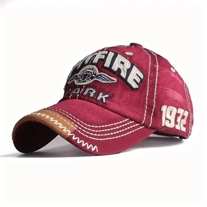 Vintage burgundy baseball cap with white eagle embroidery and contrast stitching details