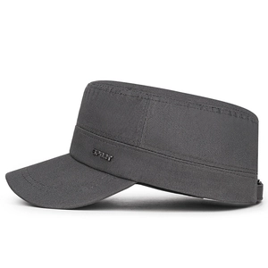 Dark grey canvas cadet cap with silver SPORT metal plate and adjustable strap closure