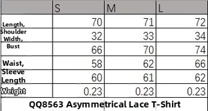 Tableau des tailles détaillé pour t-shirt en dentelle avec mesures buste, taille et manches