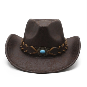 Vintage dark brown distressed leather cowboy hat with turquoise bead and woven band
