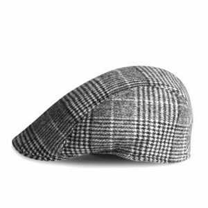 Side view detail of breathable grey Prince of Wales check flat cap for men