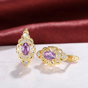 Vintage Viktorianische Hohlblumen Creolen Vergoldetes Kupfer Lila Zirkon Eleganter Hochzeitsschmuck Für Frauen