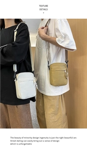 White and khaki canvas crossbody bags with adjustable nylon straps on male models