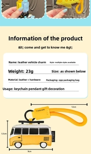 Detailed specs of yellow leather bus keychain showing 9cm x 5.5cm size and 23g weight