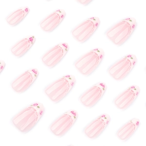 French almond press-on nails with pink rose flower and white lace patterns