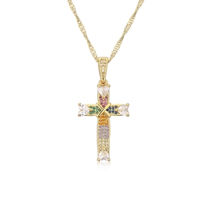 18K gold plated necklace with a cross pendant featuring colorful zircons and heart stones