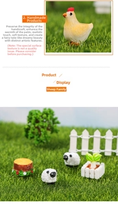 Miniature resin farm animals with yellow chicks and sheep on a moss micro landscape