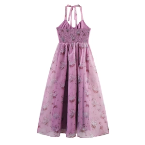 Floral organza halter neck dress in lavender with vintage angel prints and shirred back
