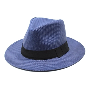 Classic dark blue straw fedora hat with black ribbon band for sun protection outdoors