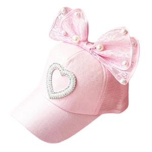 Pink girls baseball cap with large lace bow, pearl accents and sparkling heart patch