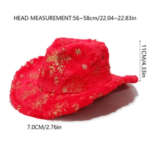 Detail of red plush cowboy hat showing gold snowflake embroidery and size dimensions