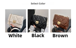 Detailed look at quilted crossbody bags in white, black, and brown with gold locks