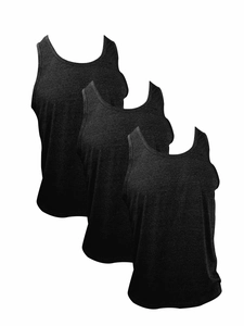 Three-pack of men's black sleeveless gym tank tops with marl texture on white background