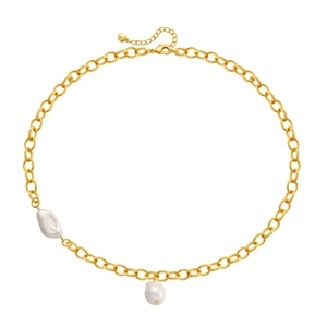 Elegant gold O-chain necklace featuring natural baroque pearls on a clean white background