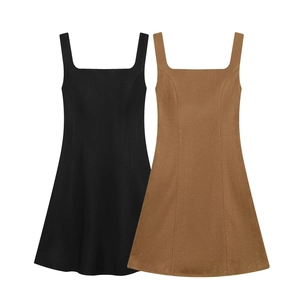 Abito Corto Donna Senza Maniche Scollo Quadrato Effetto Scamosciato Linea Ad A Vita Alta Cerniera Laterale Casual Elegante