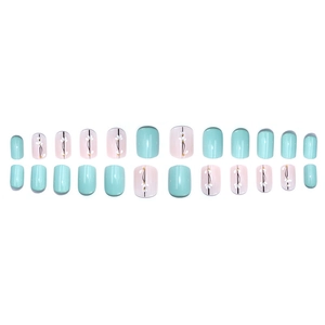 Short square mint green and pink press-on nails with minimalist flower patterns