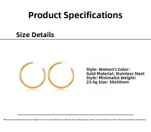 Detail view of 50mm gold stainless steel hoop earrings with weight and size specifications