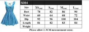 Detailed size guide table for floral tie-up dress with bust, waist, and hip measurements