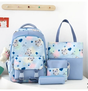 Detail view of the 4-piece school backpack set featuring light blue cartoon bear prints