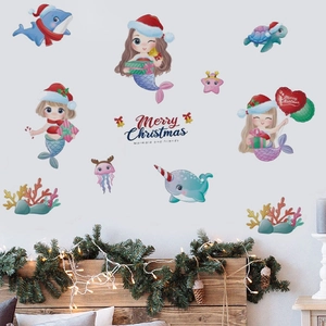 Christmas Mermaid Ocean Animal Wall Stickers Removable PVC Self-Adhesive Decals For Living Room Bedroom Kids Home Decor