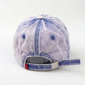 Blue denim baseball cap with vintage wash finish and adjustable silver metal buckle