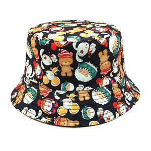 Close-up of black bucket hat with cartoon panda and animal print details