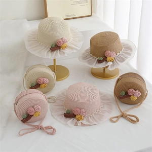 Straw woven shoulder bag and hat set for girls with lace trim and floral accents