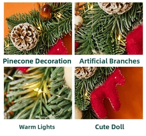 Detail of Christmas crescent moon wreath with LED lights, pine cones and red horse doll