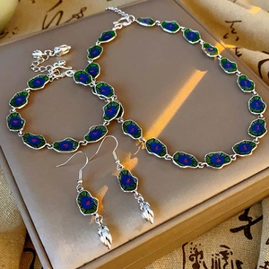 Detail of enamel lotus leaf jewelry set with necklace and bracelet on a textured box