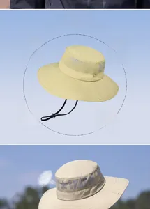 Detail of breathable mesh vents and adjustable chin strap on khaki outdoor sun hat