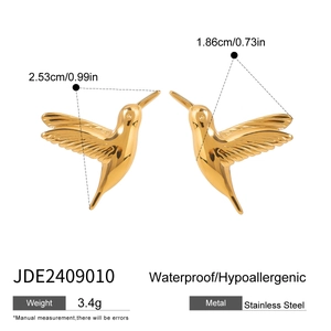 Detailed dimensions of gold stainless steel hummingbird earrings with waterproof features