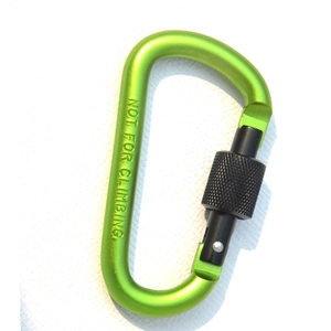 Fluorescent green D-ring aluminum carabiner with screw lock and black gate for outdoor gear
