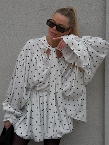 Retro oversized polka dot shirt with pussy-bow neck and lantern sleeves for women