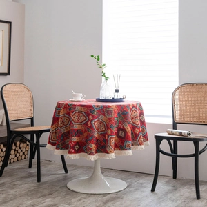 Ethnic style round tablecloth with red geometric jacquard and cream tassels
