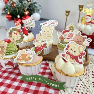 Merry Christmas bear and reindeer paper cupcake toppers set for festive holiday baking decor