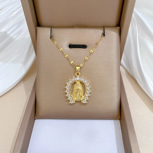 Virgin Mary Portrait Pendant Necklace Gold Plated Stainless Steel Chain Micro Pave Cubic Zirconia Religious Jewelry Women