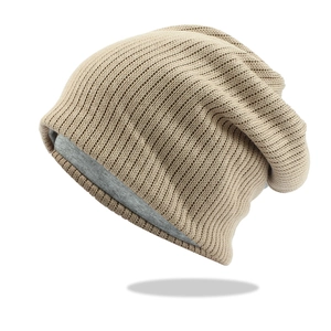 Classic knitted beanie hat for men and women with warm beige exterior and gray lining