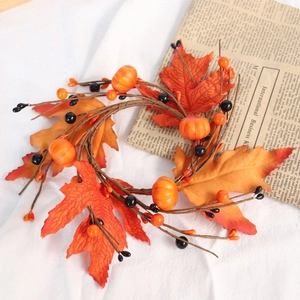 Artificial maple leaf and pumpkin candle ring wreath for Halloween or Thanksgiving decor