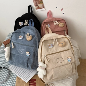Corduroy school backpack for girls in four colors with cute bear patches and plush pendant