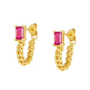 Detail of S925 silver needle earrings with pink zircon and golden cuban chain fringe